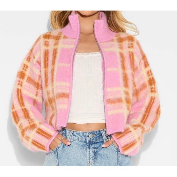 wild fable Sweaters - Wild Fable Plaid Full Zip Cardigan Sweater Y2K Medium Pink Excellent Cropped